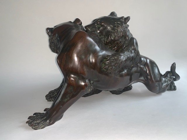 Outstanding 19 Century Meiji Japanese Bronze Okimono group: Tiger and Bear-photo-1
