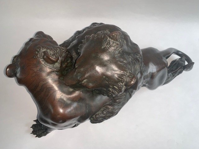 Outstanding 19 Century Meiji Japanese Bronze Okimono group: Tiger and Bear-photo-3