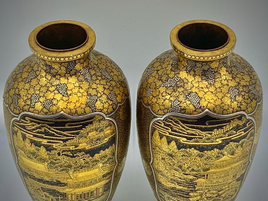 Exceptionnelle Paire De Vases Incrustés De Fer, d'Or Et d'Argent De Komai Otojiro. Fin XIXe-photo-2