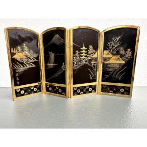 Quadruple Miniature Folding Screen In The Komai Style, From The Taisho Period.