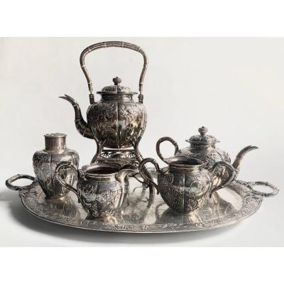 Complete Chinese Export Silver Tea Set, Luen Hing, Shanghai