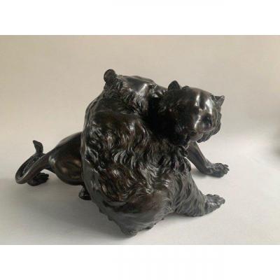 Outstanding 19 Century Meiji Japanese Bronze Okimono group: Tiger and Bear