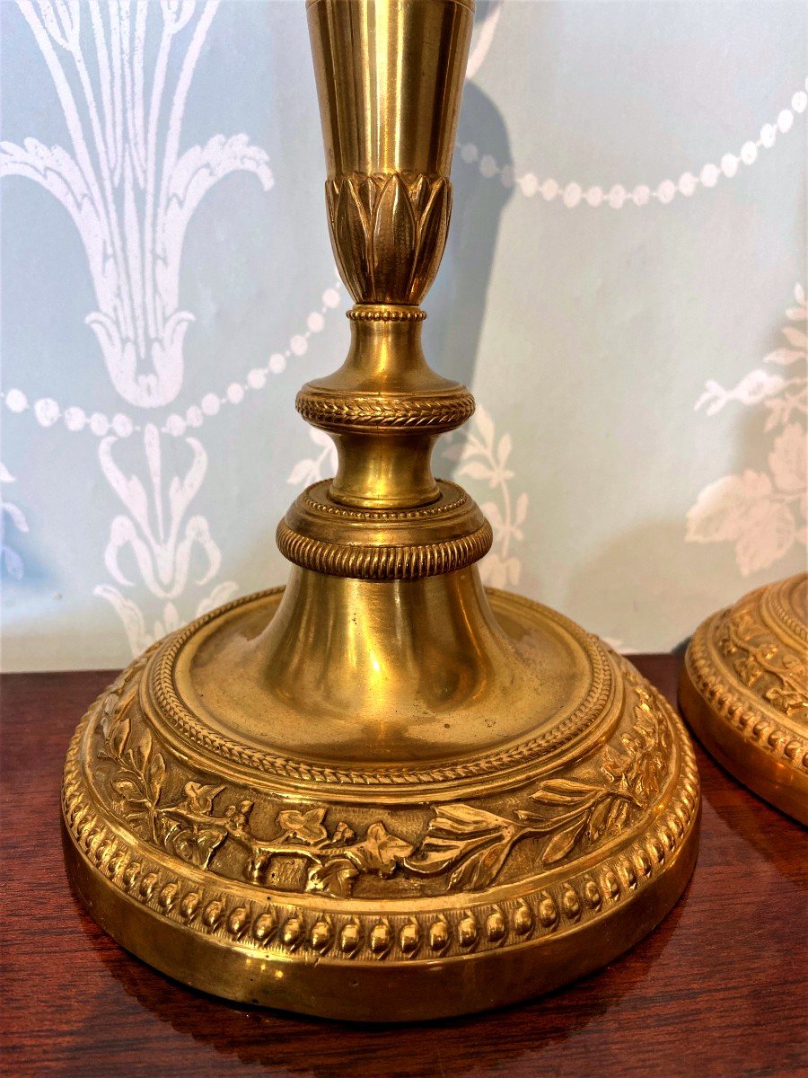 Paire De Bougeoirs Louis XVI En Bronze Dore d'époque XVIII Siècle-photo-2