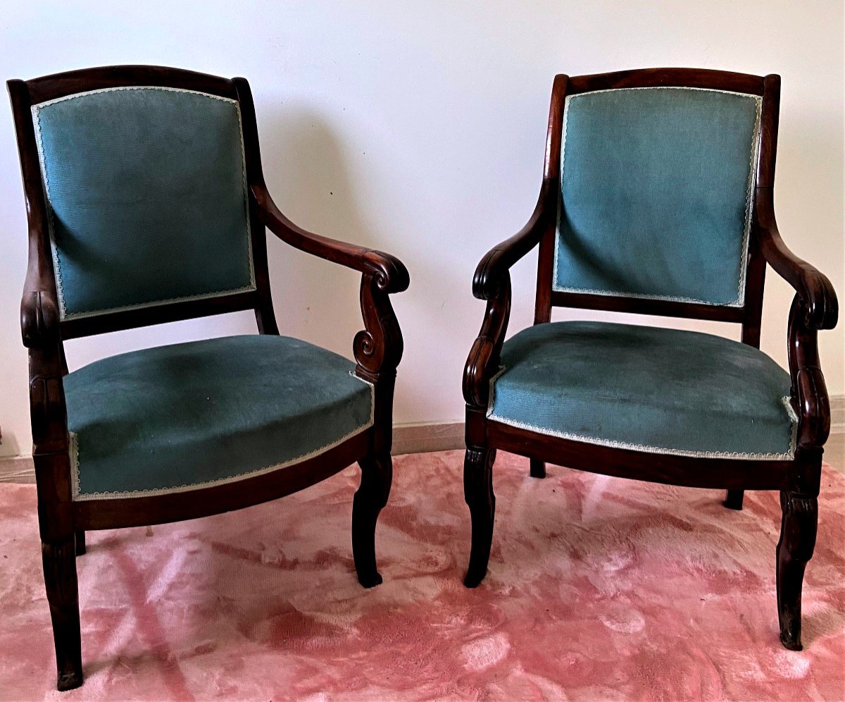 Pair Of Mahogany Armchairs, Restoration Period - Early XIX Century