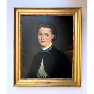 Portrait d'Une Jeune Femme Au Ruban Bleu. Ecole Française XIX Sicle