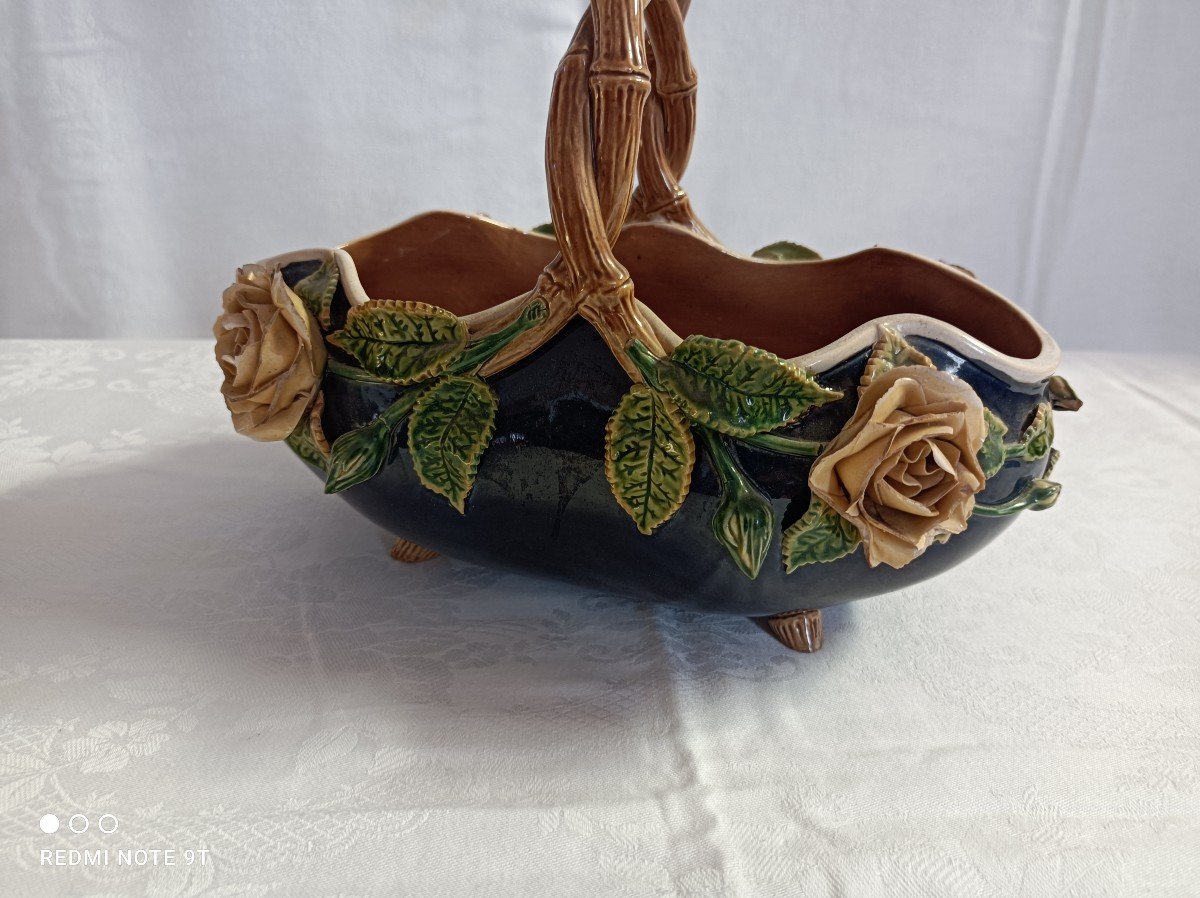 Majolica Earthenware From Minton England. Cobalt Blue Basket With Roses 1841 19th Century-photo-3
