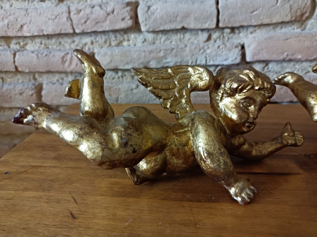 Pair Of Putti Cherubs In Carved And Gilded Wood, Italy-photo-2