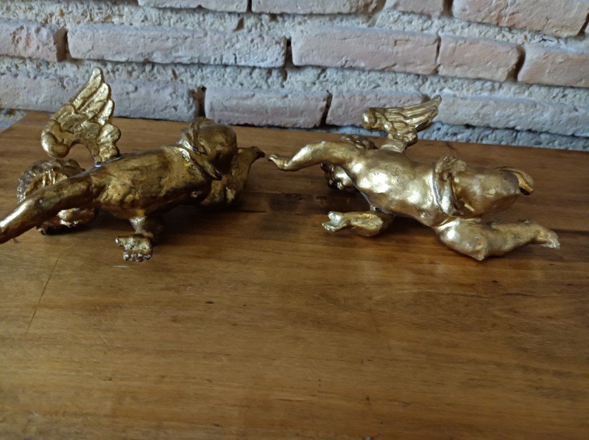 Pair Of Putti Cherubs In Carved And Gilded Wood, Italy-photo-1