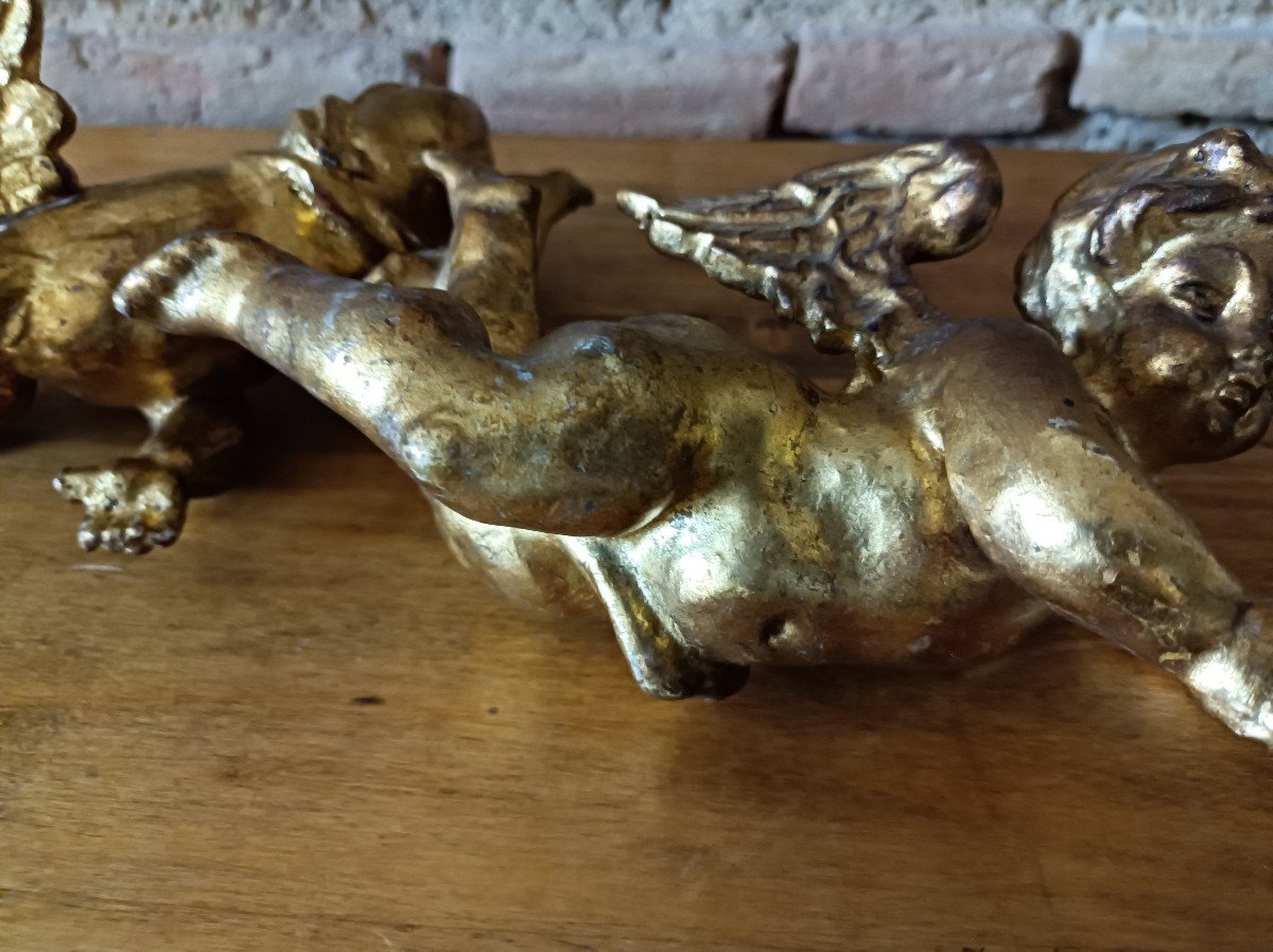 Pair Of Putti Cherubs In Carved And Gilded Wood, Italy-photo-3