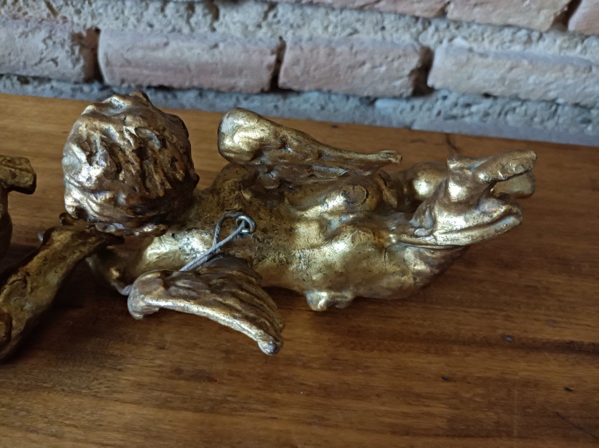 Pair Of Putti Cherubs In Carved And Gilded Wood, Italy-photo-4