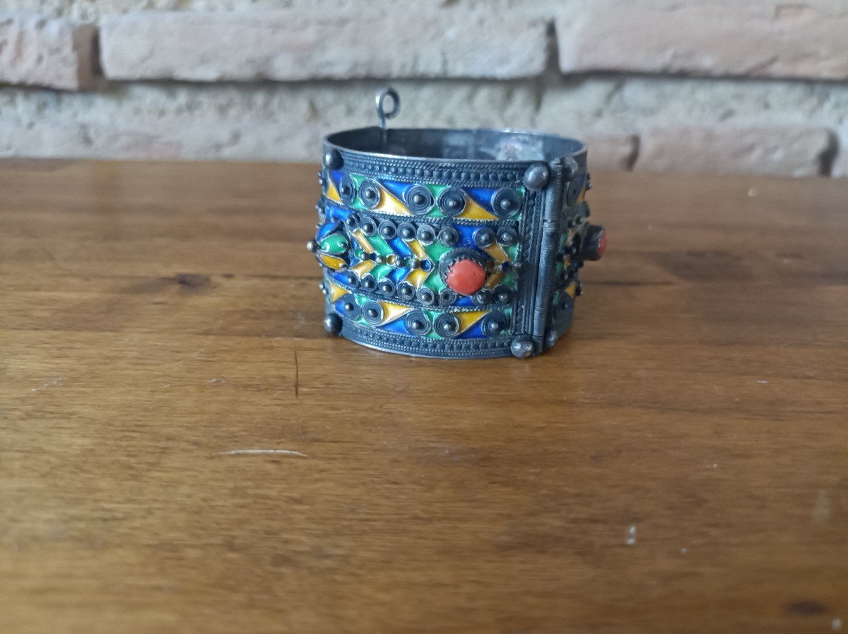 Béni Yenni Bracelet In Kabyle Berber Silver, Coral And Cloisonné Enamel 19th Century-photo-3