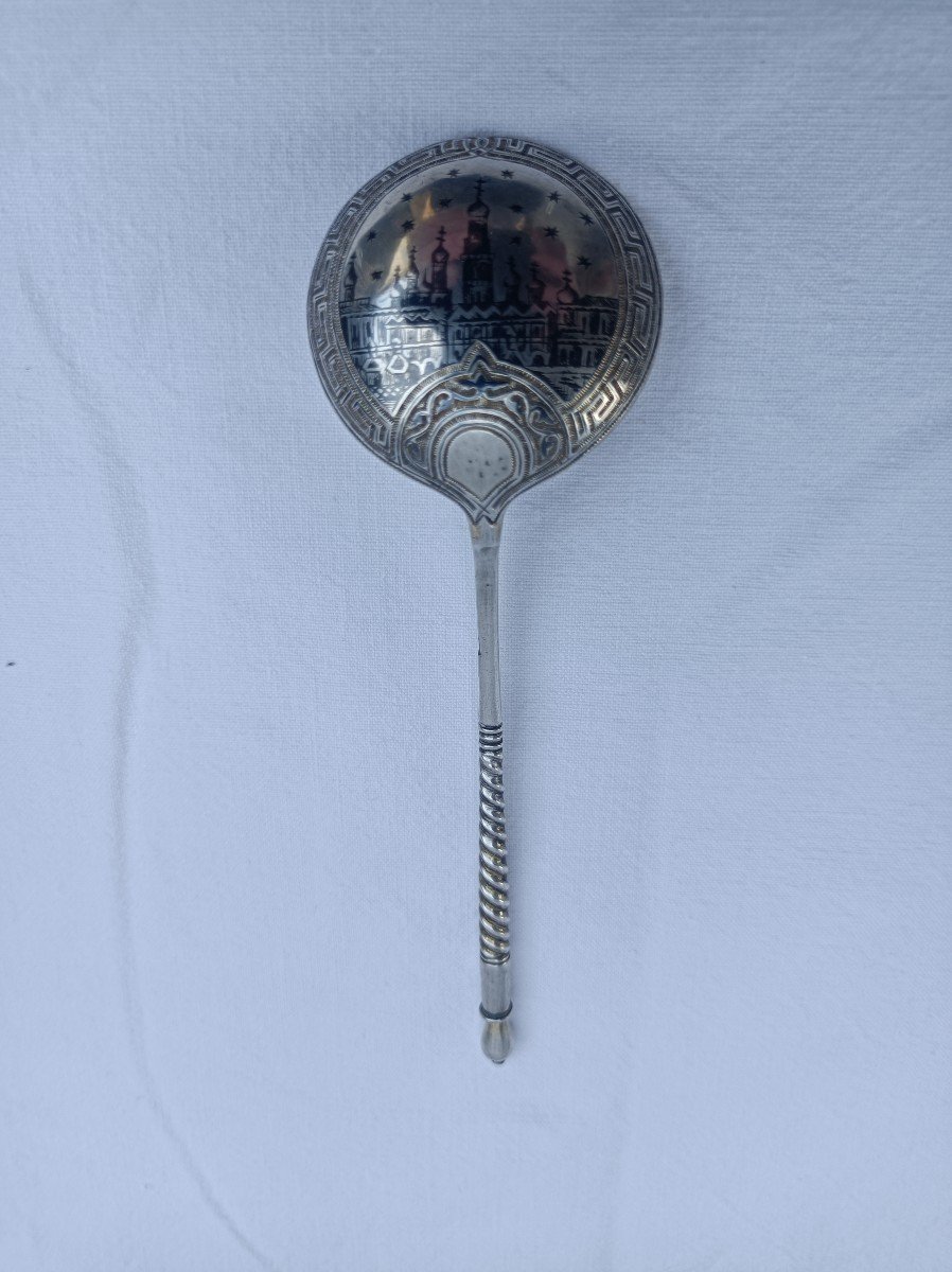 Russian Silver Niellé Twisted Caviar Spoon Moscow Kremlin Decor 1880 19th Century