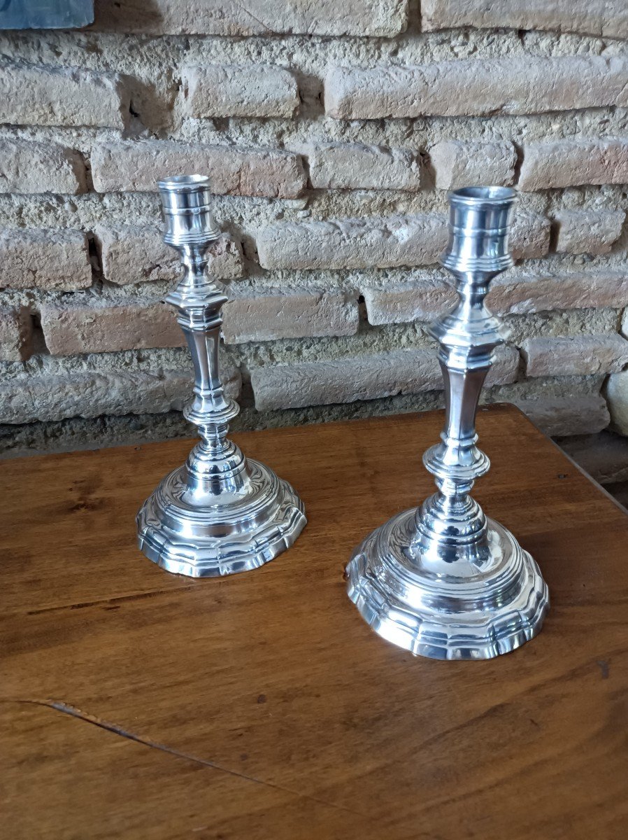 -pair Of Louis XV Period Silver-plated Bronze Candlesticks, Hallmarked With A Crowned C, 1745-1749