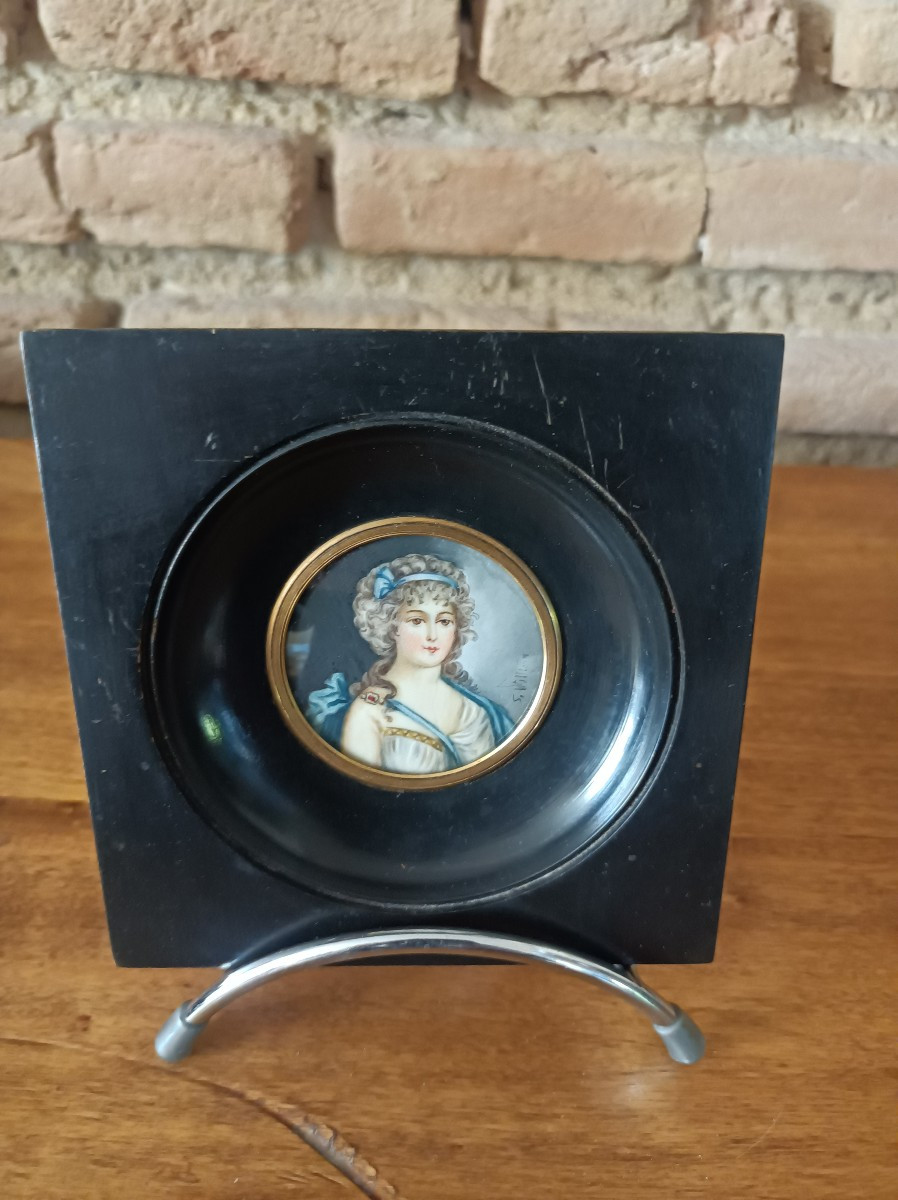 Baroness Brown Miniature Portrait On Ivory In Ebonized Wood Frame Signed Villiers 19th Century