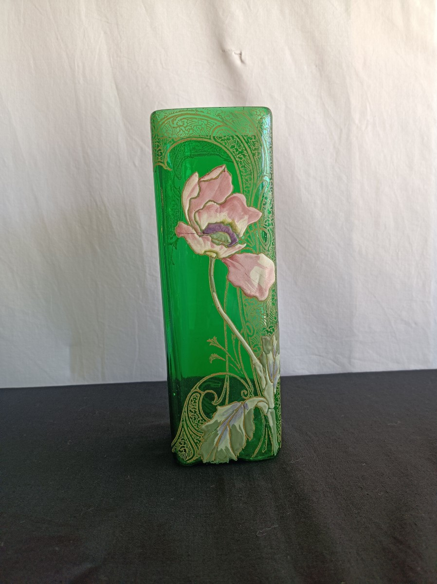 Vase En Verre émaillé de Fleurs de pavot  Legras-montjoye Saint- Denis, vers 1900-photo-2