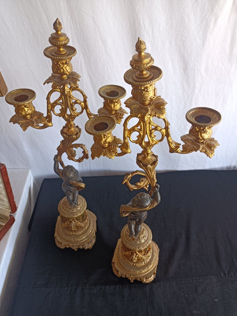 Pair Of Gilt Bronze Candlesticks With Putti, 19th Century-photo-2