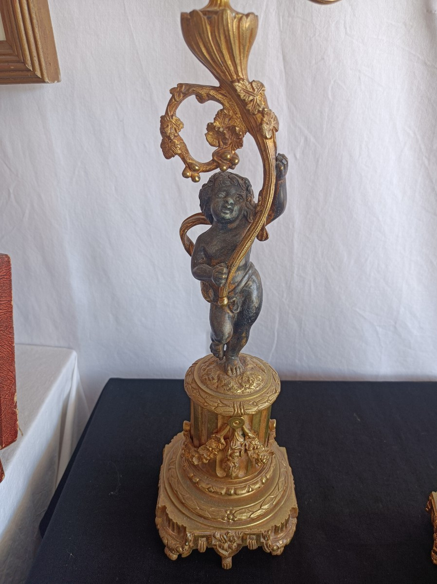 Pair Of Gilt Bronze Candlesticks With Putti, 19th Century-photo-3