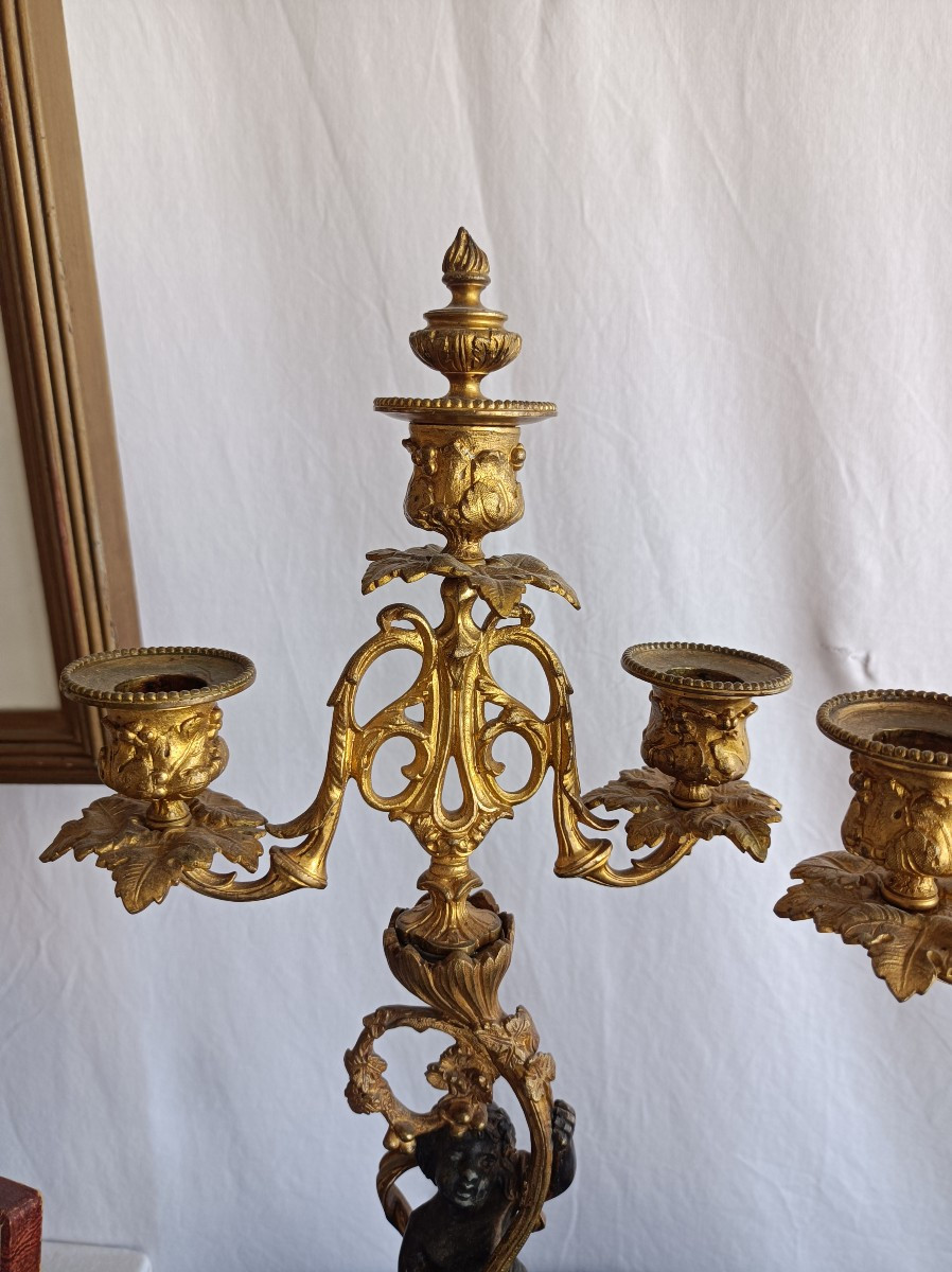 Pair Of Gilt Bronze Candlesticks With Putti, 19th Century-photo-4