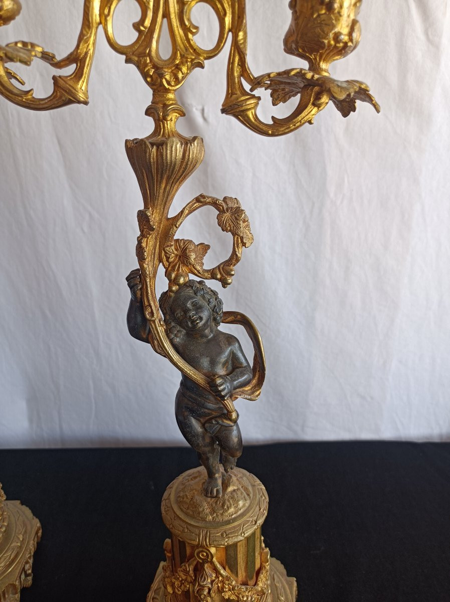Pair Of Gilt Bronze Candlesticks With Putti, 19th Century-photo-1