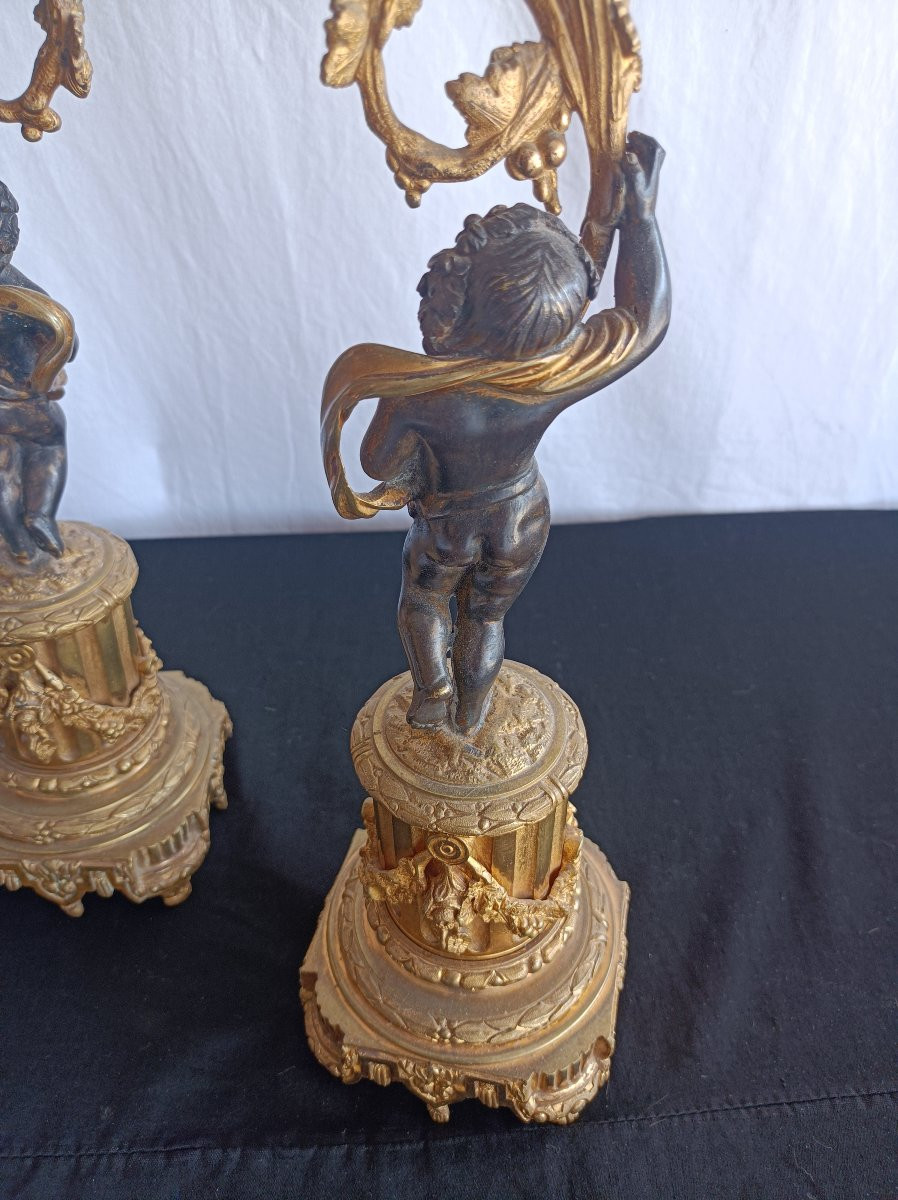 Pair Of Gilt Bronze Candlesticks With Putti, 19th Century-photo-3