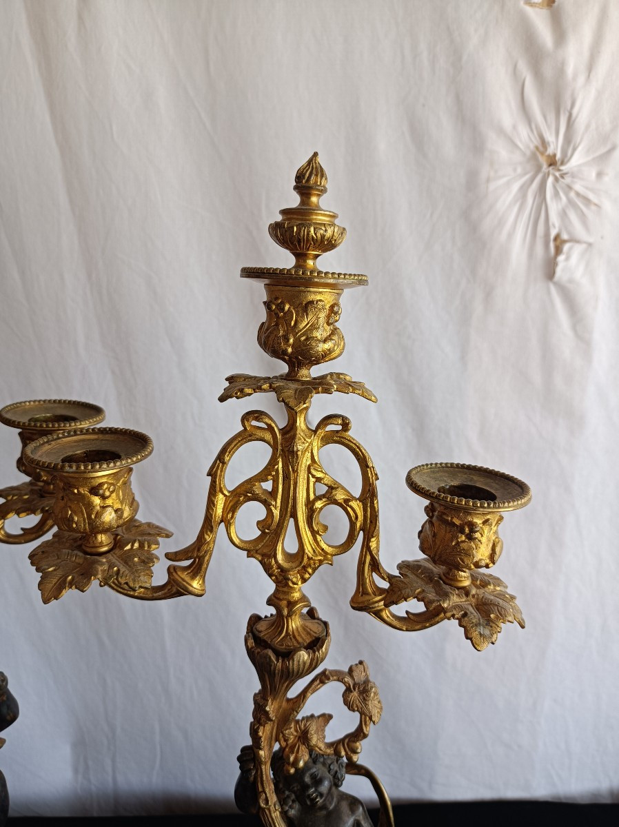 Pair Of Gilt Bronze Candlesticks With Putti, 19th Century-photo-6