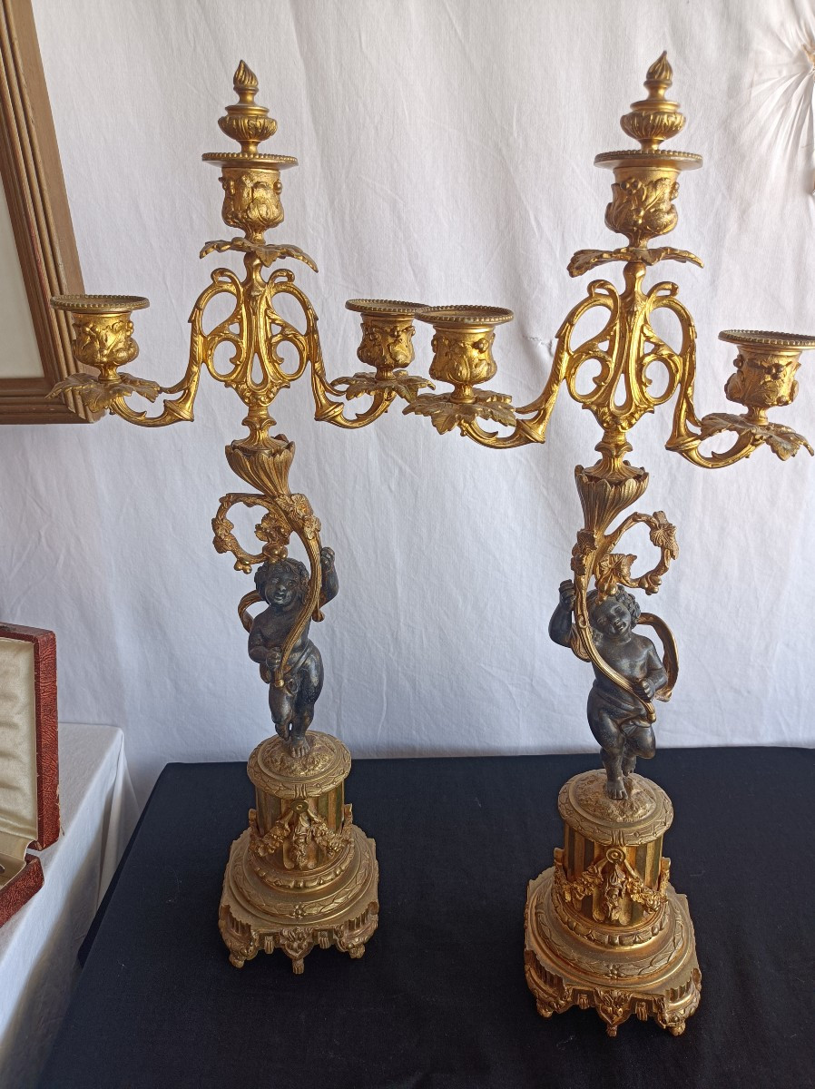 Pair Of Gilt Bronze Candlesticks With Putti, 19th Century