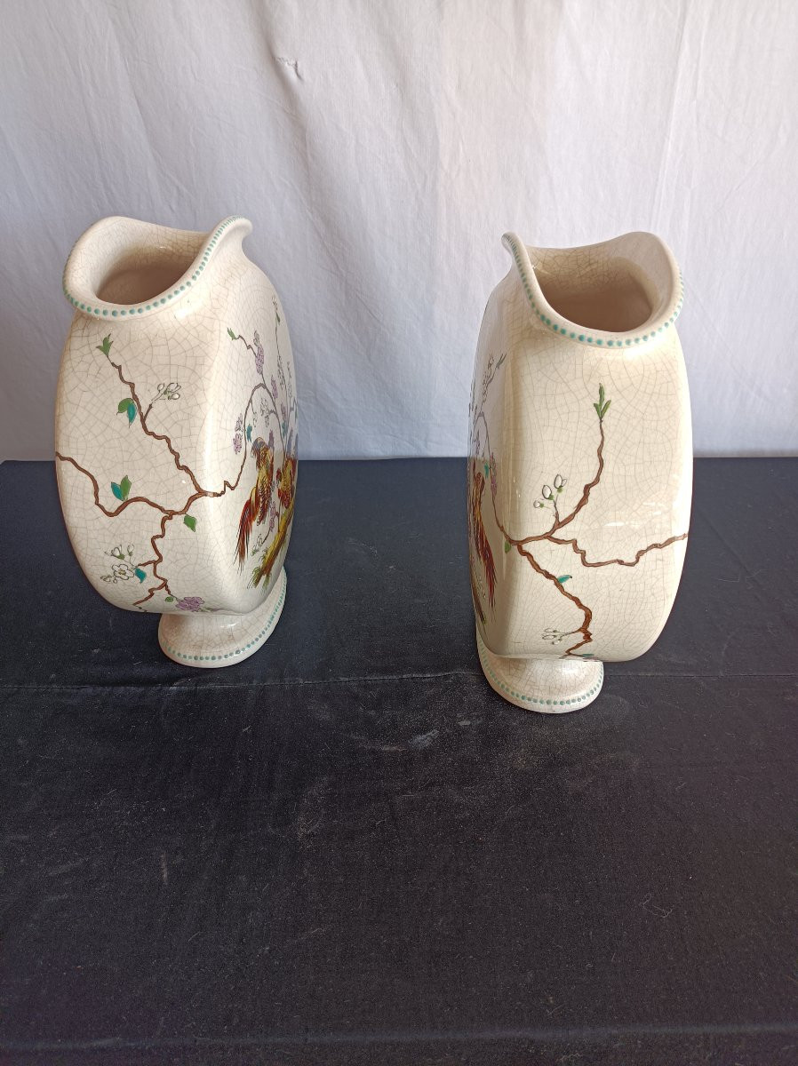 Auguste Mouzin Pair Of Art Nouveau Gourd Vases Tergnier Manufacture 19th Century -photo-4
