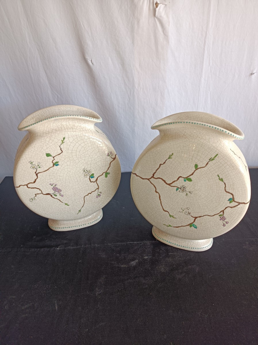 Auguste Mouzin Pair Of Art Nouveau Gourd Vases Tergnier Manufacture 19th Century -photo-1
