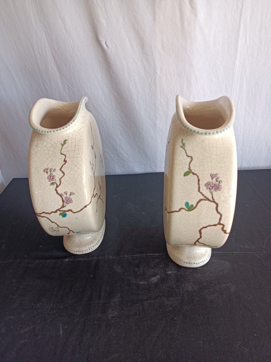 Auguste Mouzin Pair Of Art Nouveau Gourd Vases Tergnier Manufacture 19th Century -photo-2