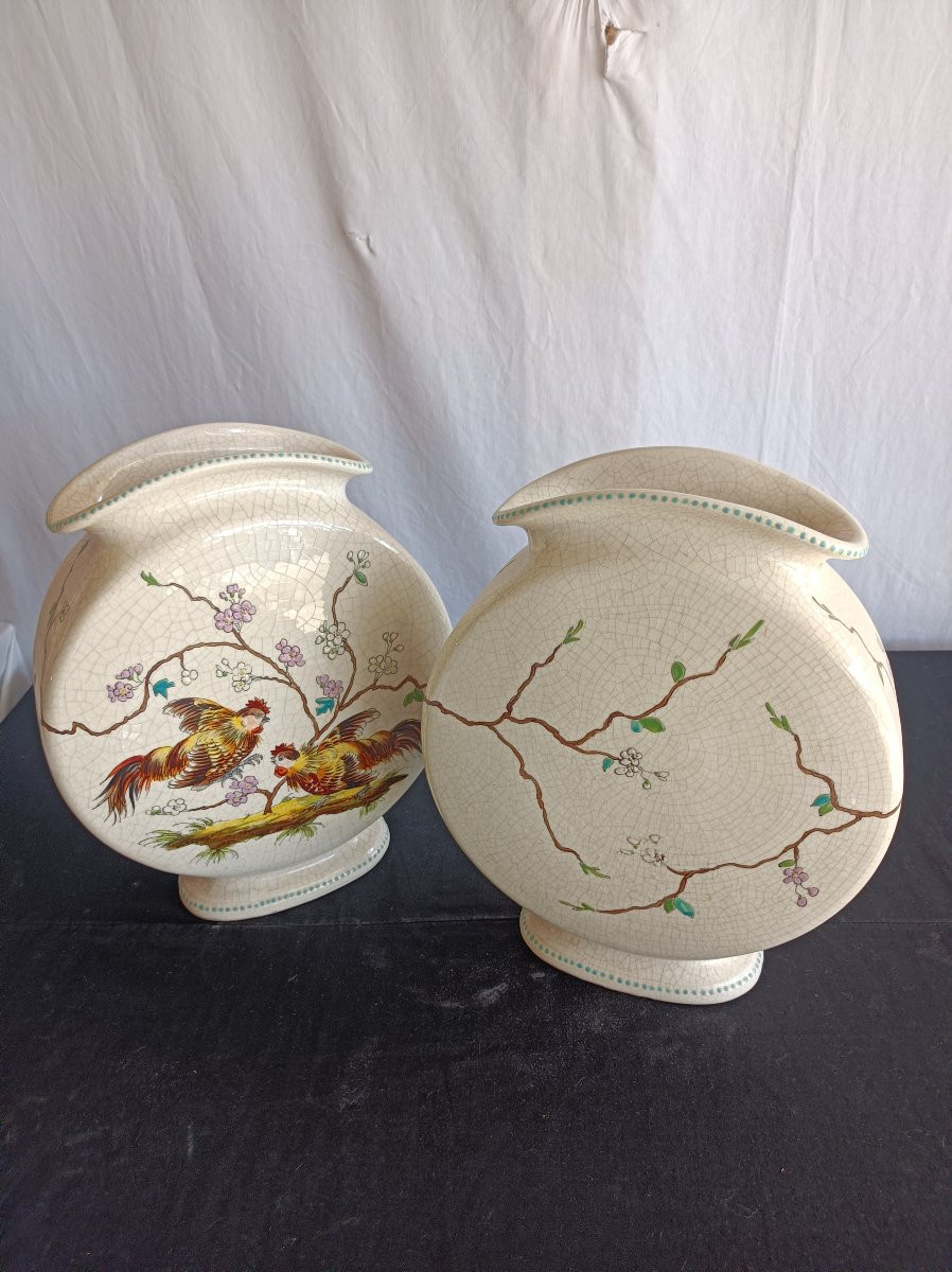 Auguste Mouzin Pair Of Art Nouveau Gourd Vases Tergnier Manufacture 19th Century -photo-3