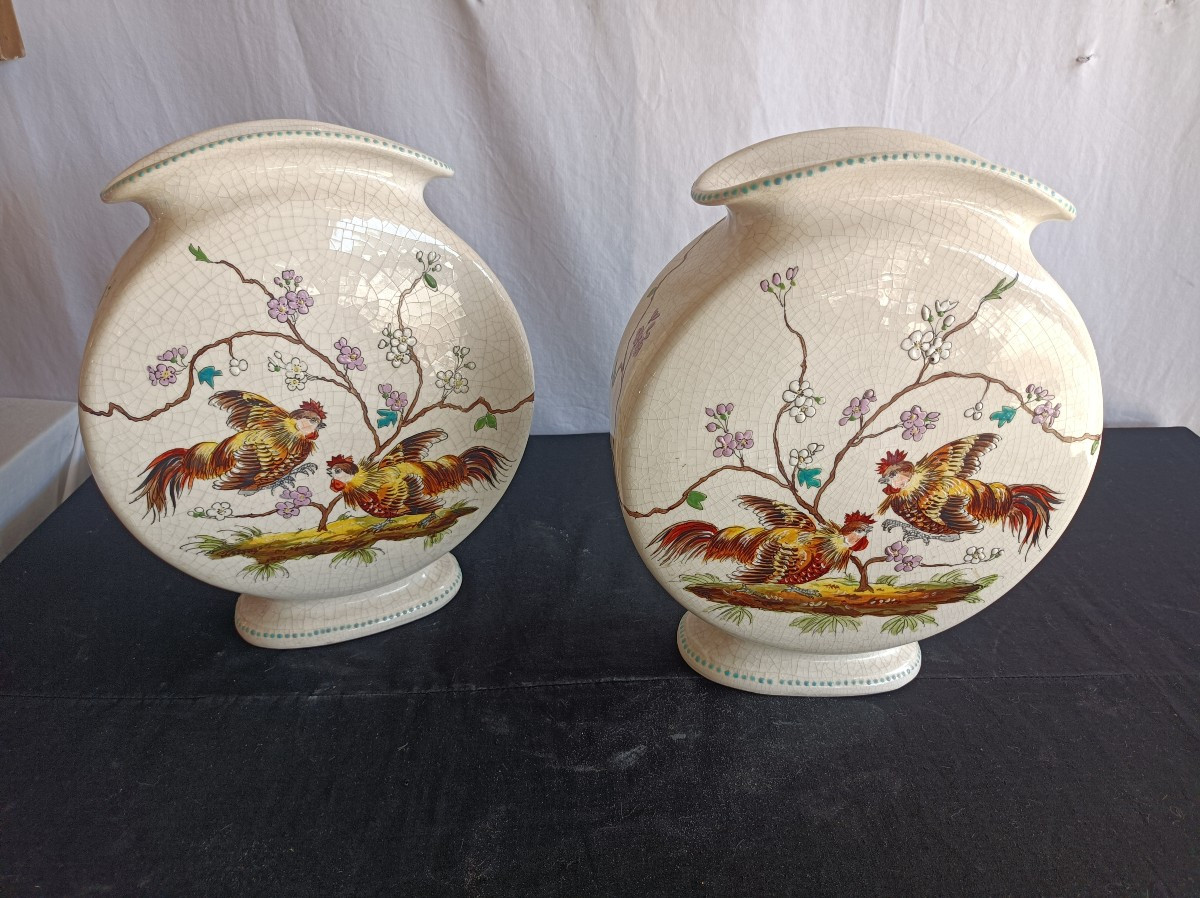 Auguste Mouzin Pair Of Art Nouveau Gourd Vases Tergnier Manufacture 19th Century 