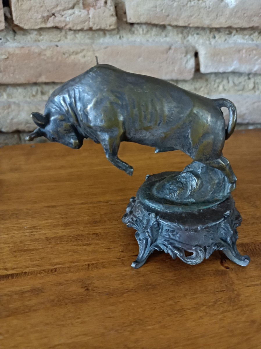 Rearing Bull Bronze Animal Signed C.charles
