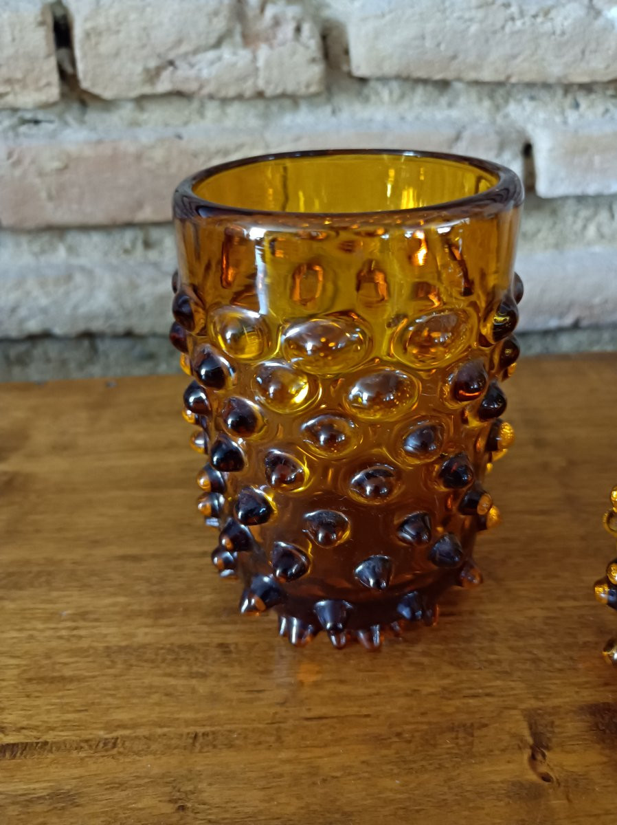 Murano Paire De Vases Rostrato Lenti En Verre Ambré-photo-2
