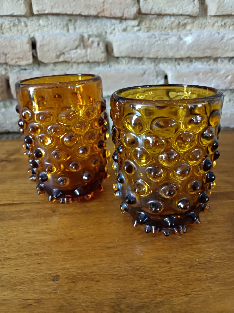 Murano Paire De Vases Rostrato Lenti En Verre Ambré-photo-4