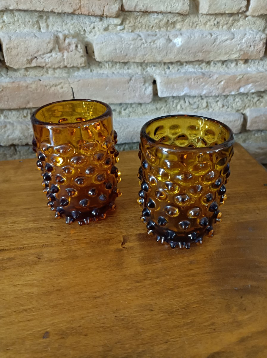 Murano Paire De Vases Rostrato Lenti En Verre Ambré