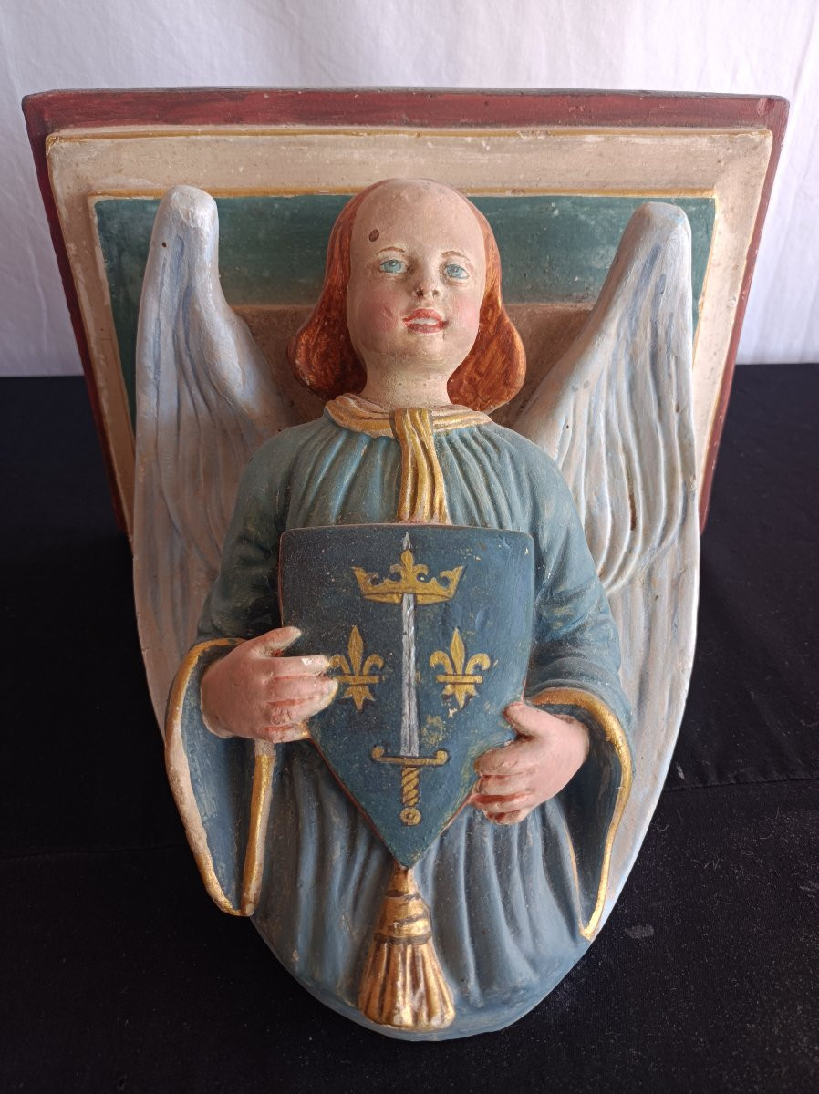 Console Support de statue d'église en plâtre polychrome blason jeanne d'arc  XIXe Siecle-photo-2