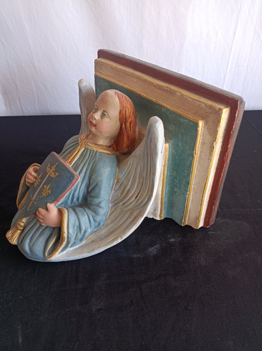 Console Support de statue d'église en plâtre polychrome blason jeanne d'arc  XIXe Siecle-photo-4