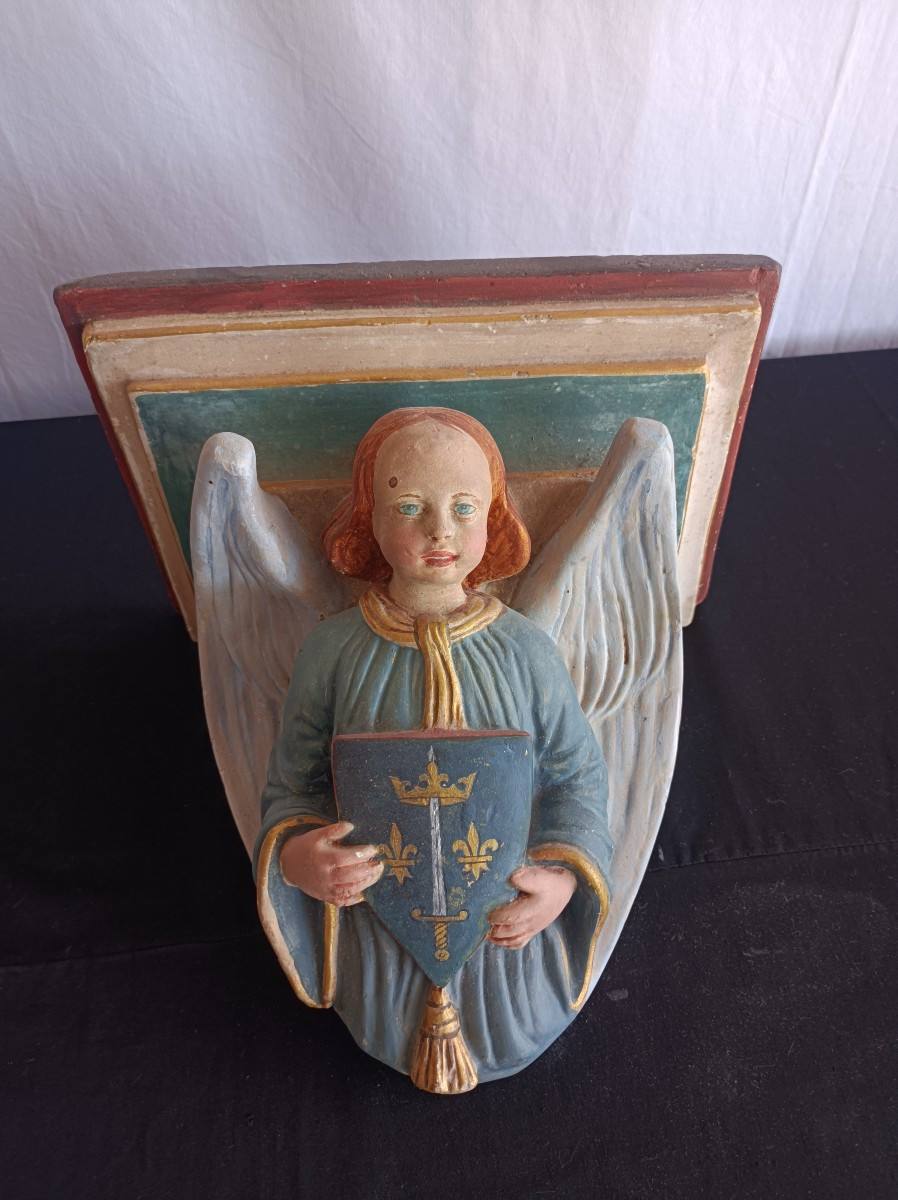Console Support de statue d'église en plâtre polychrome blason jeanne d'arc  XIXe Siecle