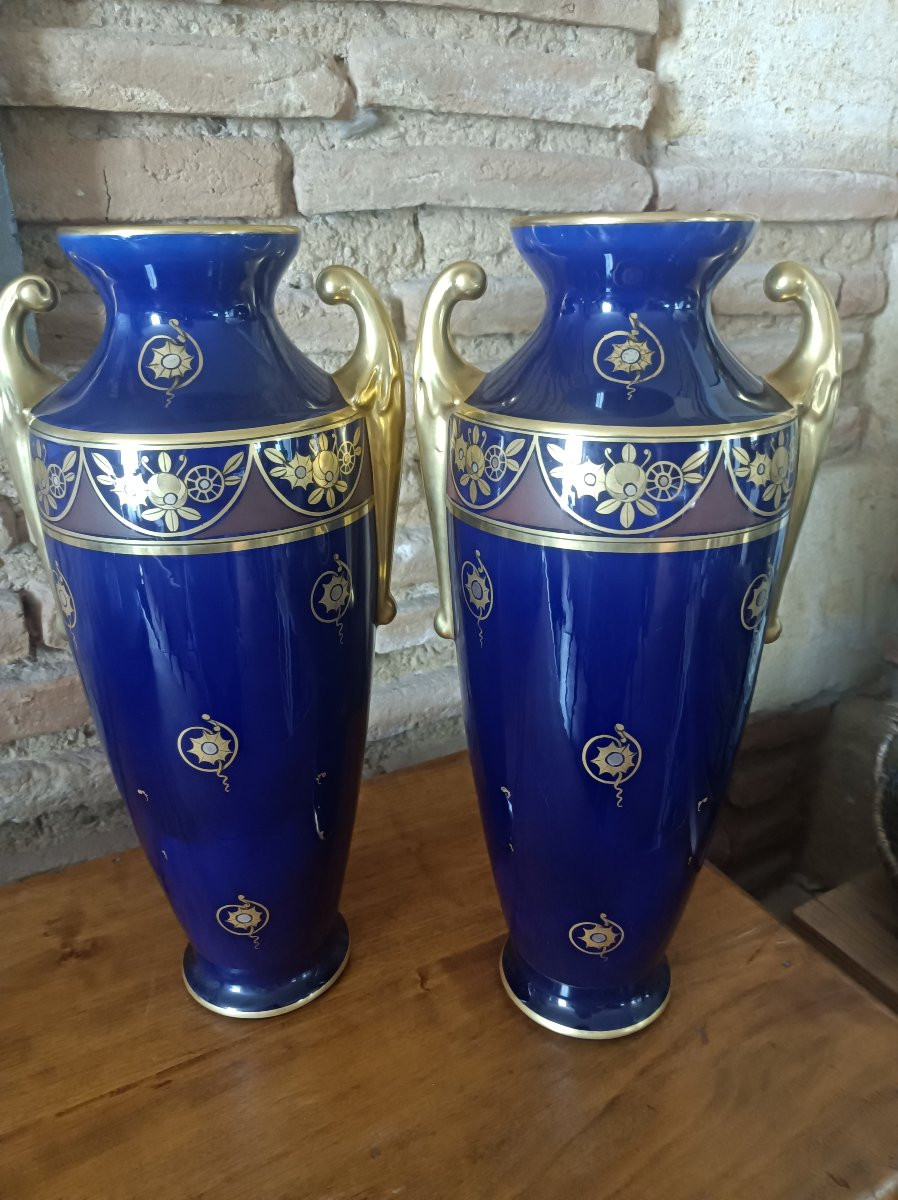 Pair Of Art Deco Blue And Gold Porcelain Vases - Maurice Pinon-heuzé In Tours-photo-3
