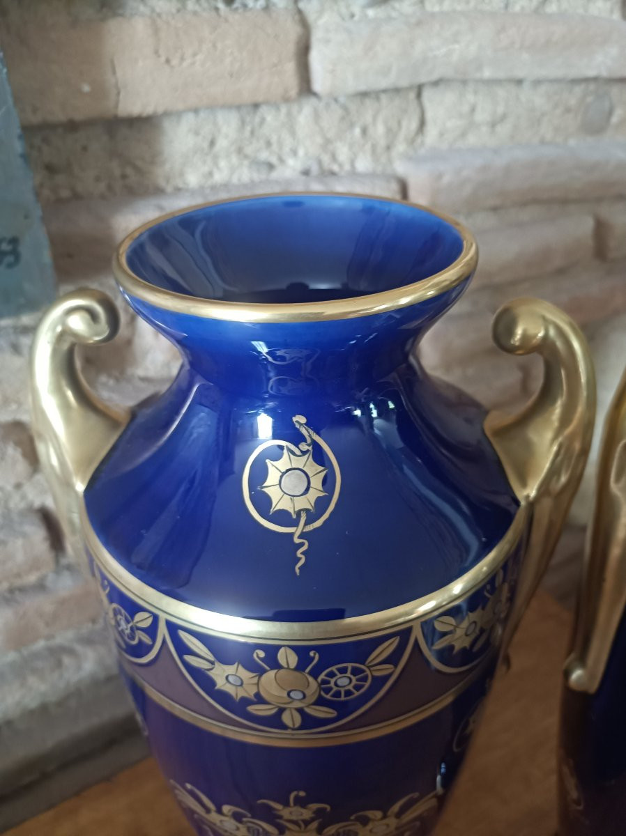Pair Of Art Deco Blue And Gold Porcelain Vases - Maurice Pinon-heuzé In Tours-photo-1