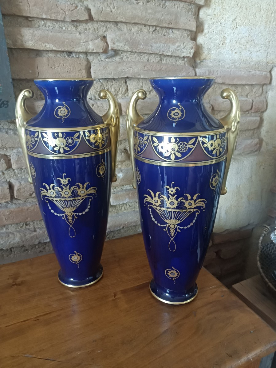 Pair Of Art Deco Blue And Gold Porcelain Vases - Maurice Pinon-heuzé In Tours