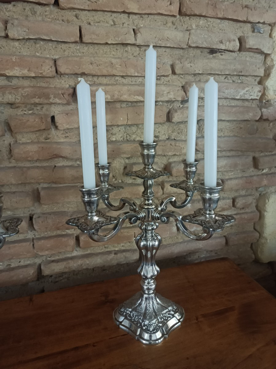 Pair Of Large Five-light Candlesticks In 916/1000 Silver By Dionisio Garcia, Spain-photo-2
