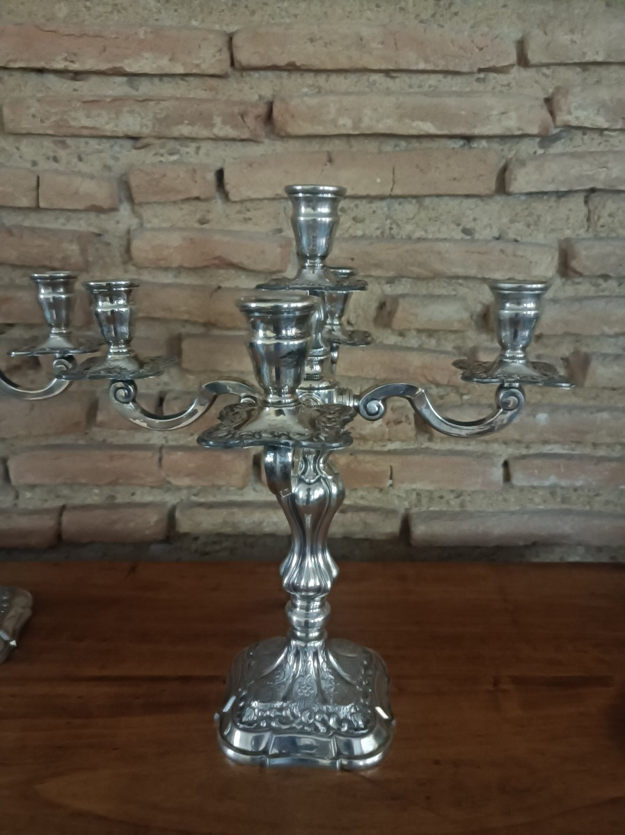 Pair Of Large Five-light Candlesticks In 916/1000 Silver By Dionisio Garcia, Spain-photo-3