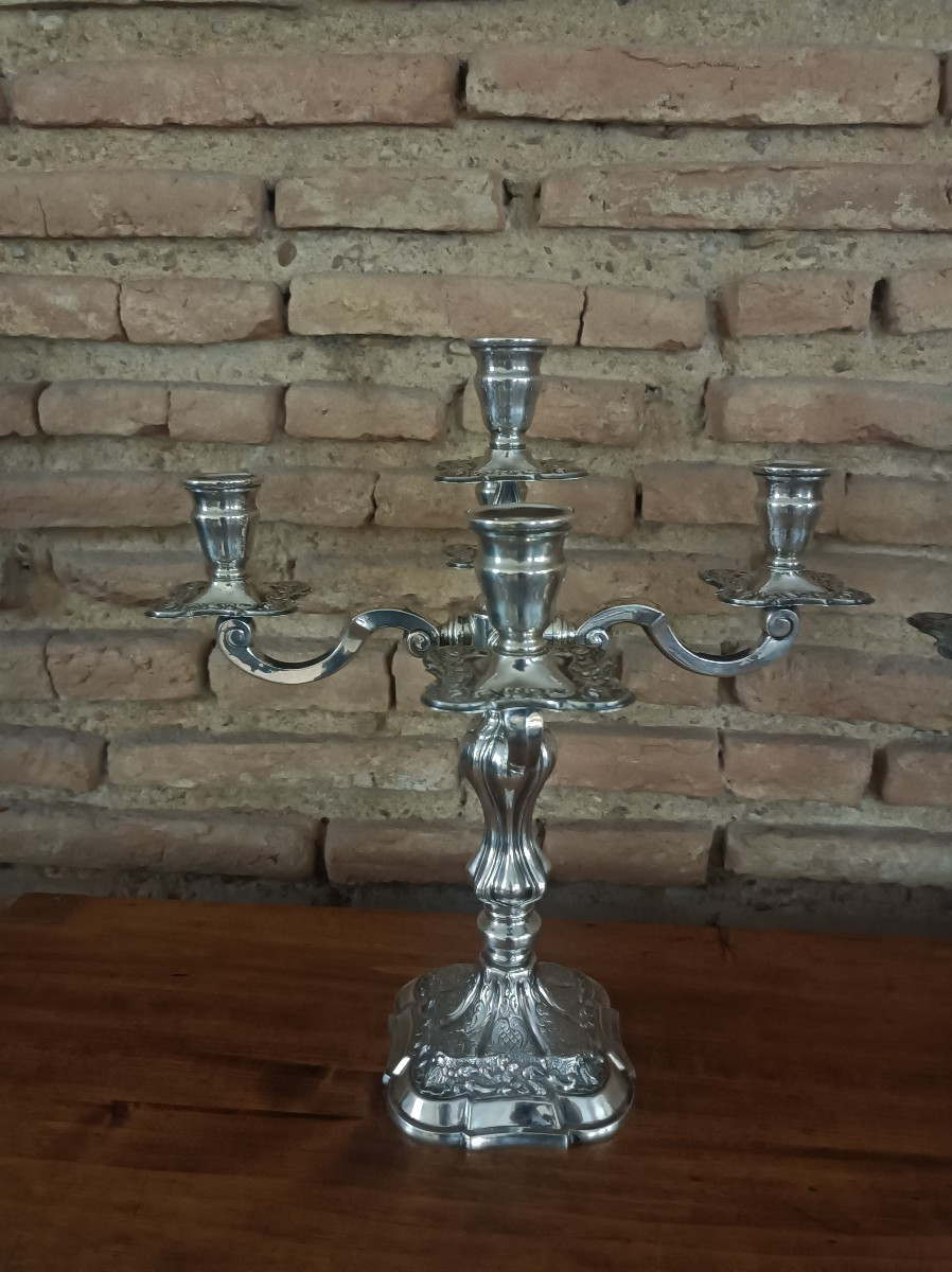 Pair Of Large Five-light Candlesticks In 916/1000 Silver By Dionisio Garcia, Spain-photo-4