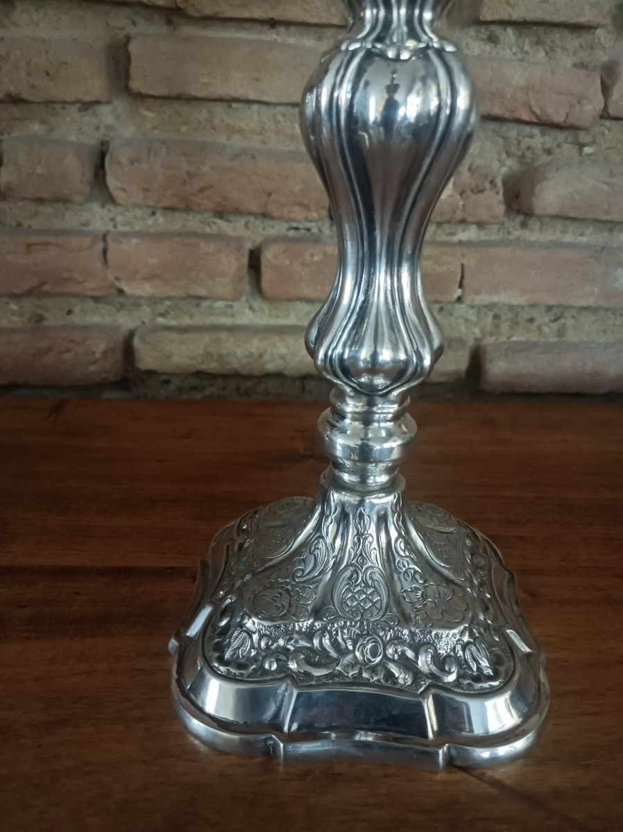 Pair Of Large Five-light Candlesticks In 916/1000 Silver By Dionisio Garcia, Spain-photo-1