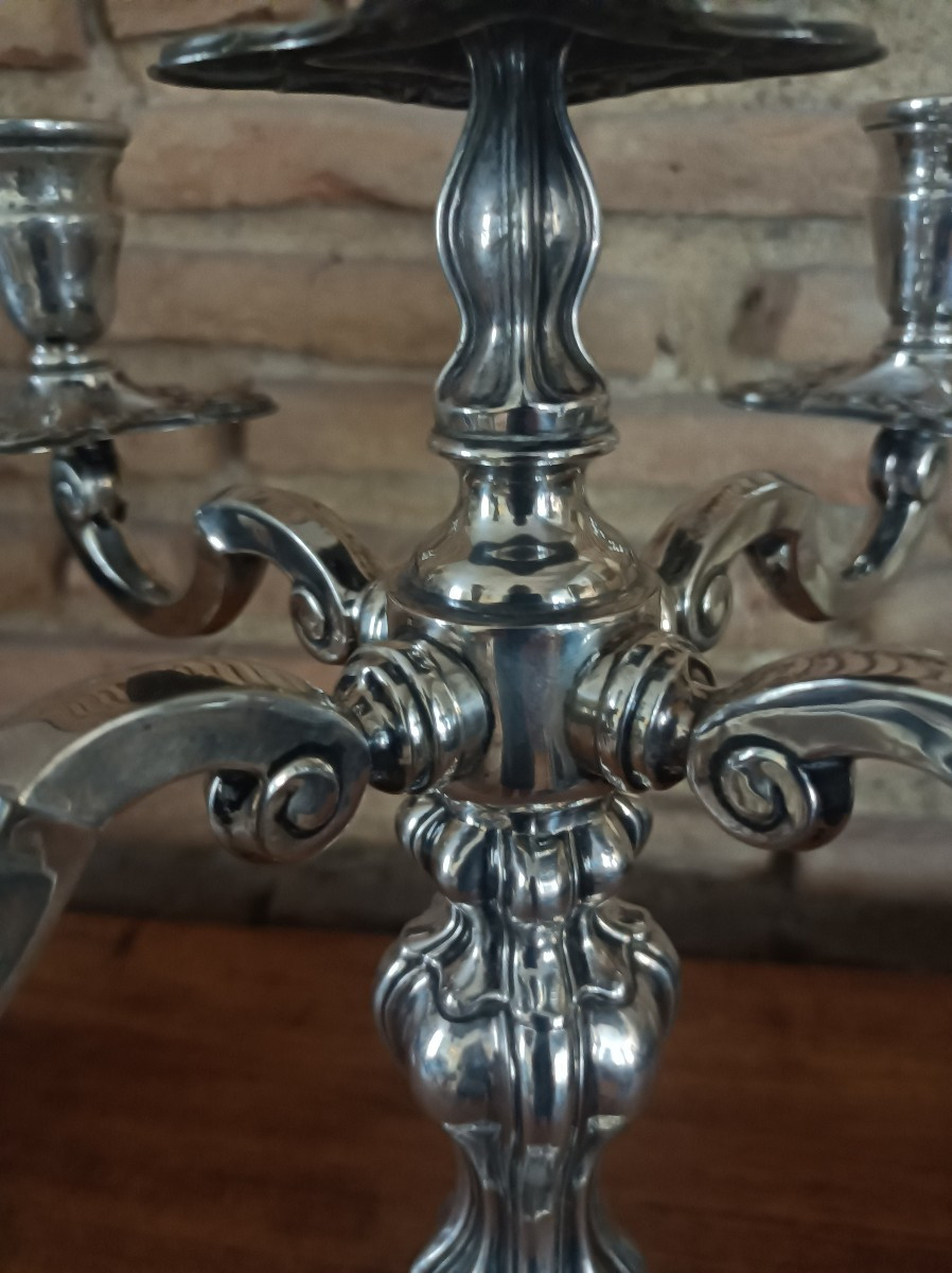 Pair Of Large Five-light Candlesticks In 916/1000 Silver By Dionisio Garcia, Spain-photo-3