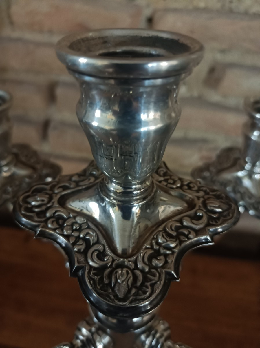Pair Of Large Five-light Candlesticks In 916/1000 Silver By Dionisio Garcia, Spain-photo-5