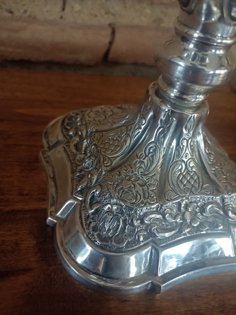 Pair Of Large Five-light Candlesticks In 916/1000 Silver By Dionisio Garcia, Spain-photo-6