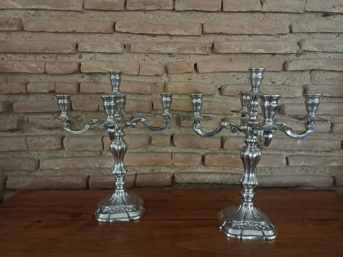 Pair Of Large Five-light Candlesticks In 916/1000 Silver By Dionisio Garcia, Spain