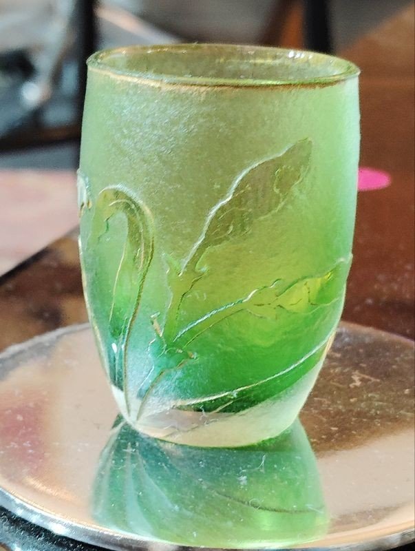 Daum Nancy Cross Of Lorraine Miniature Green Vase Acid-etched Decorations Of Iris Signed-photo-2